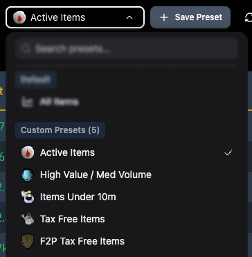 Custom presets dropdown showing saved table configurations