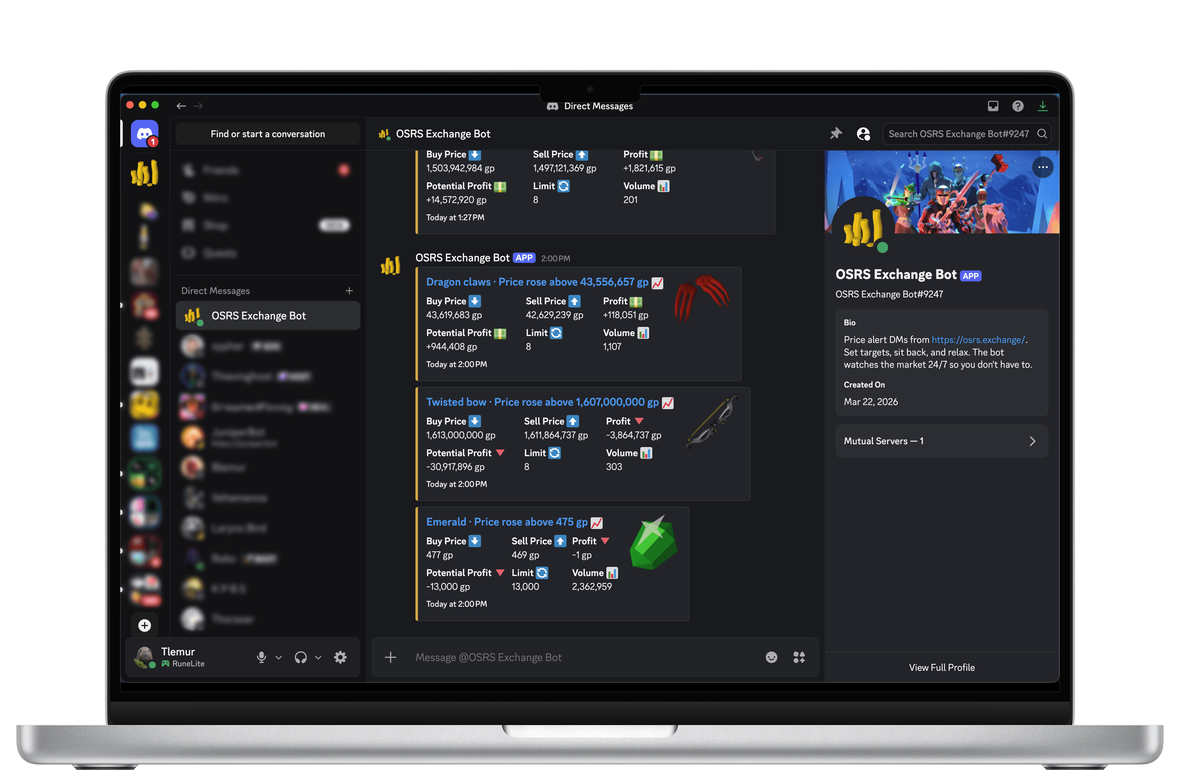 RS3 Exchange Discord price alerts displayed on a MacBook showing real-time buy and sell prices