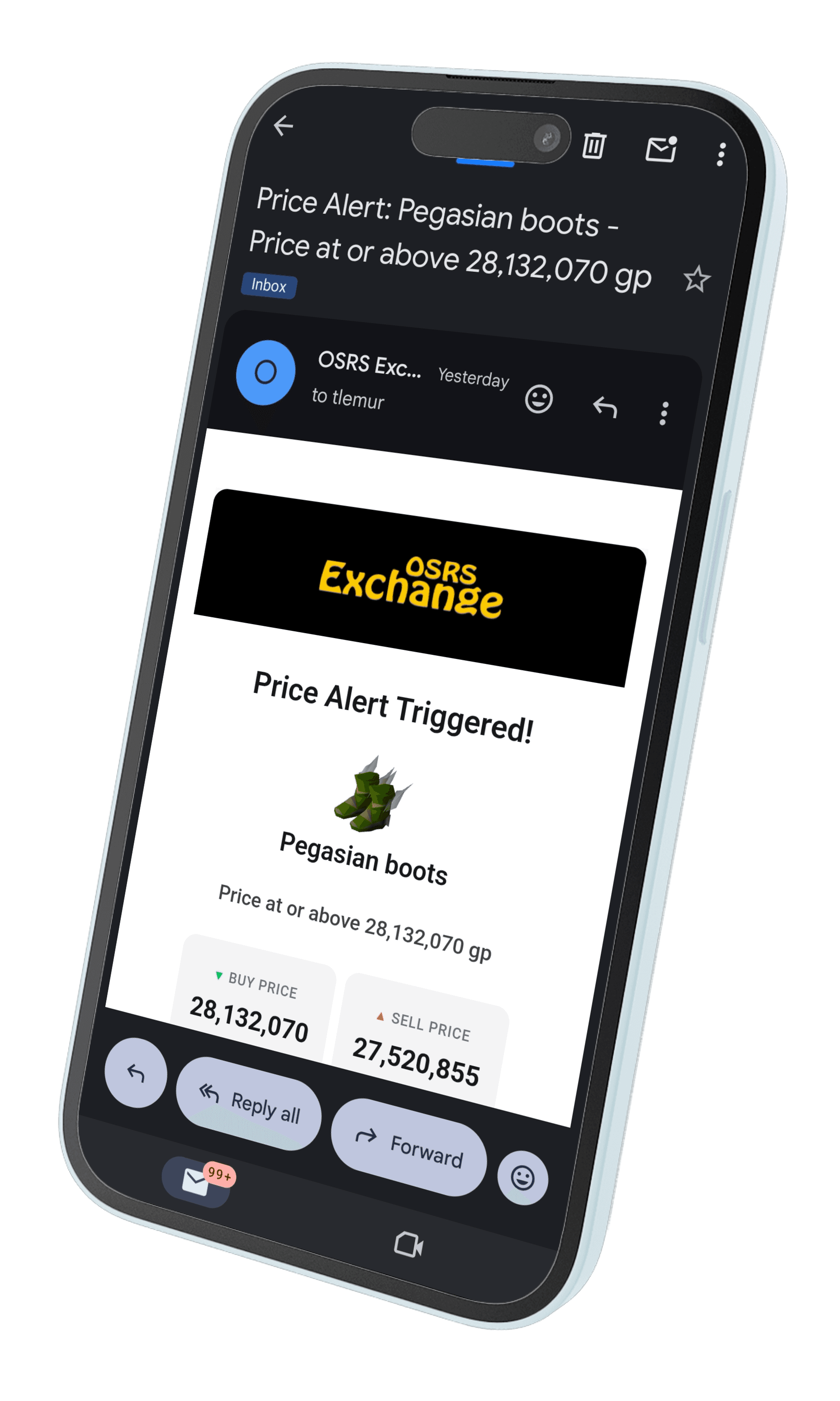 RS3 Exchange email price alert notification on iPhone