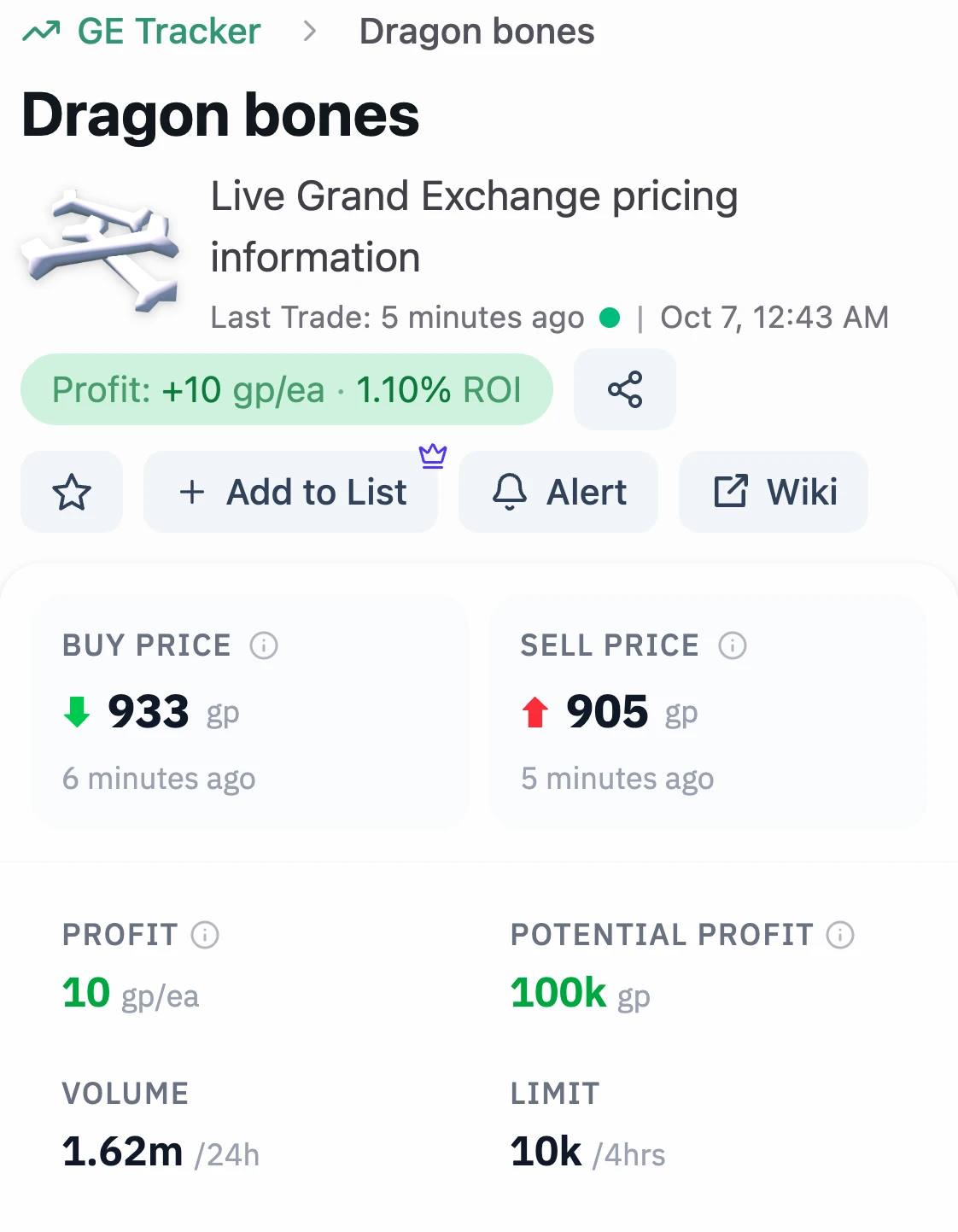 RS3 Exchange's price panel for Dragon bones: Buy Price, Sell Price, Profit, Potential Profit, Volume and Buy Limit