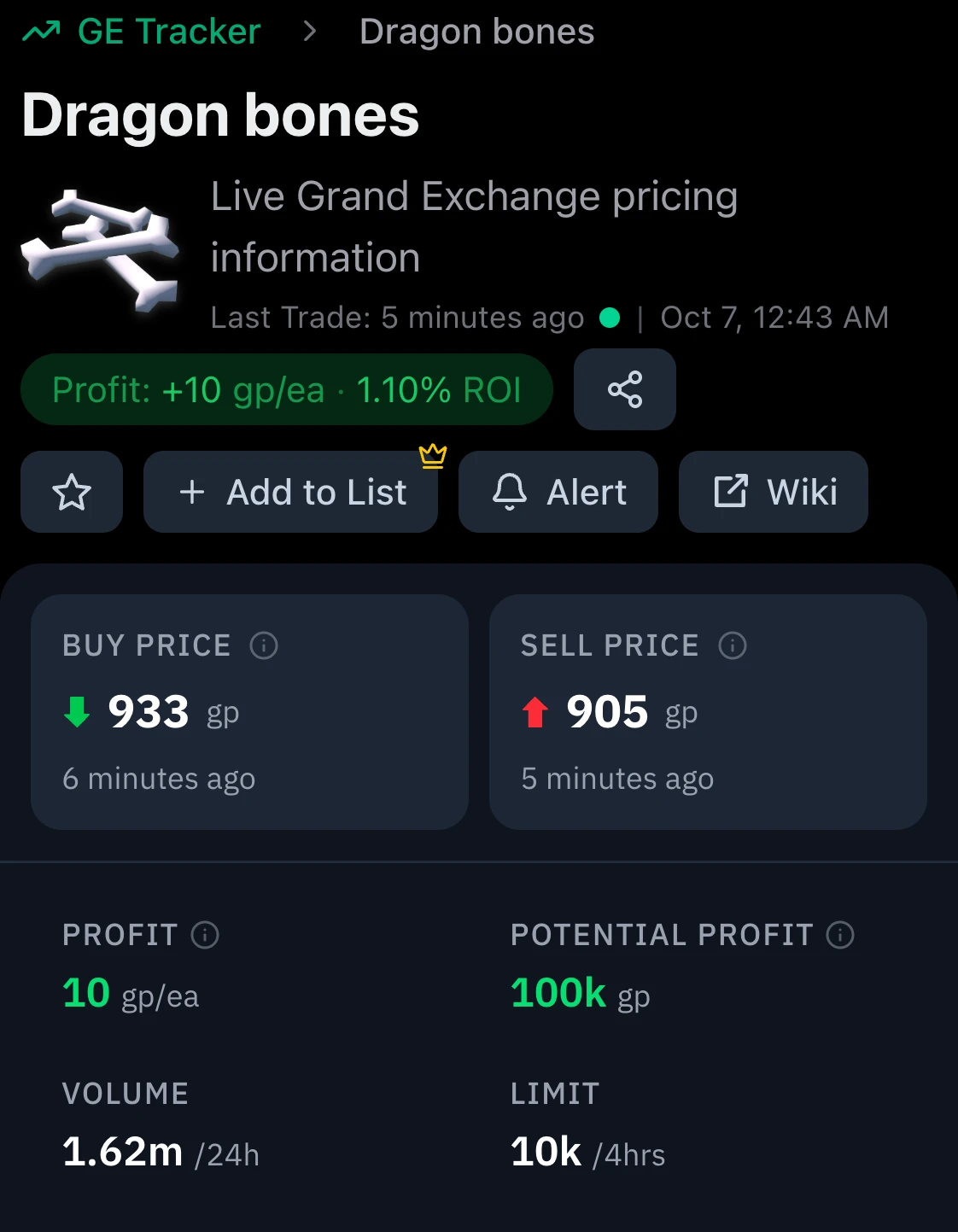RS3 Exchange's price panel for Dragon bones: Buy Price, Sell Price, Profit, Potential Profit, Volume and Buy Limit